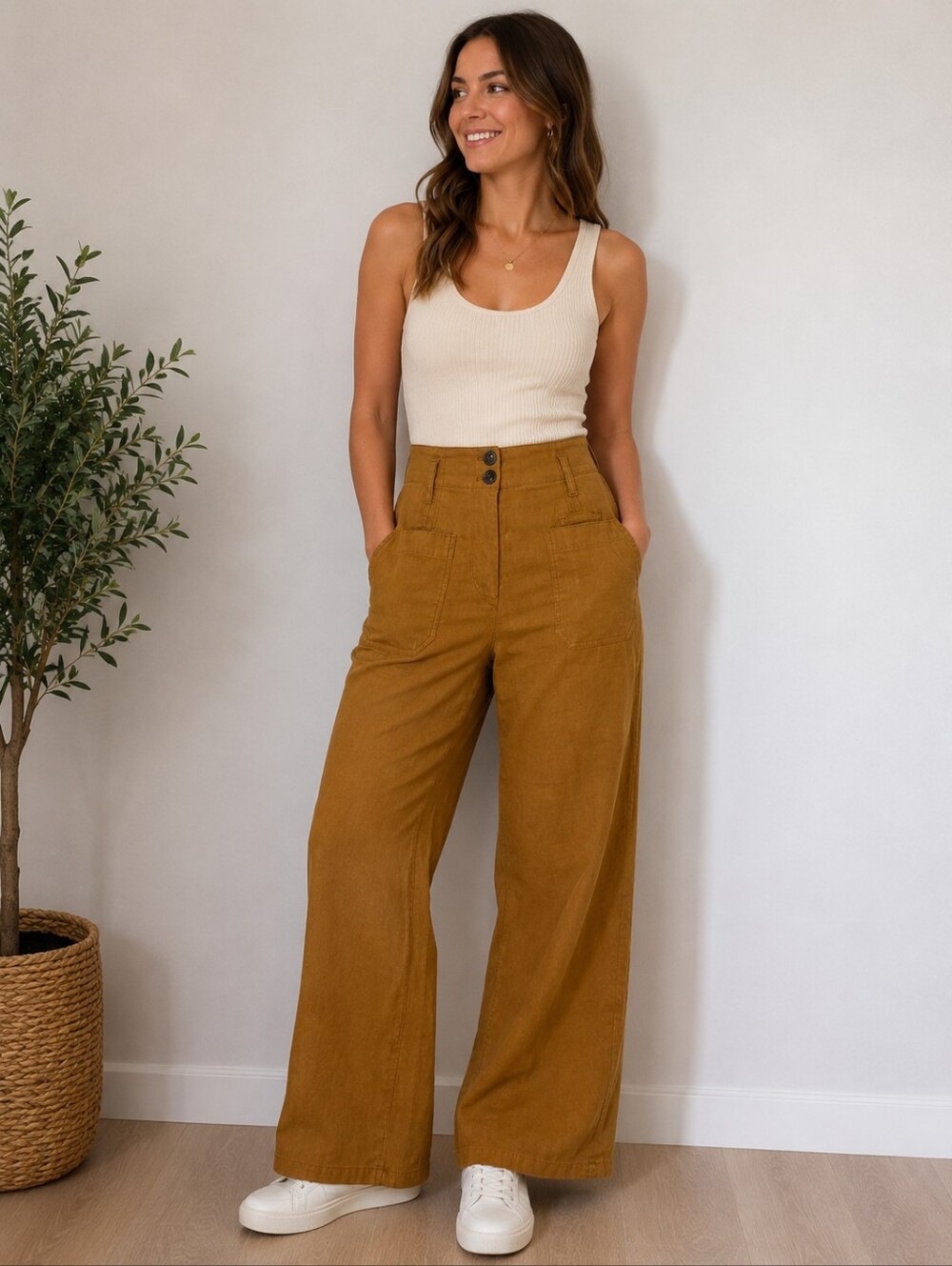 Maeve-The Junie Jean, High-Waist Wide Leg Pants in Mustard Brown